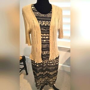 Beige Cardigan and Black Patterned Dress Set